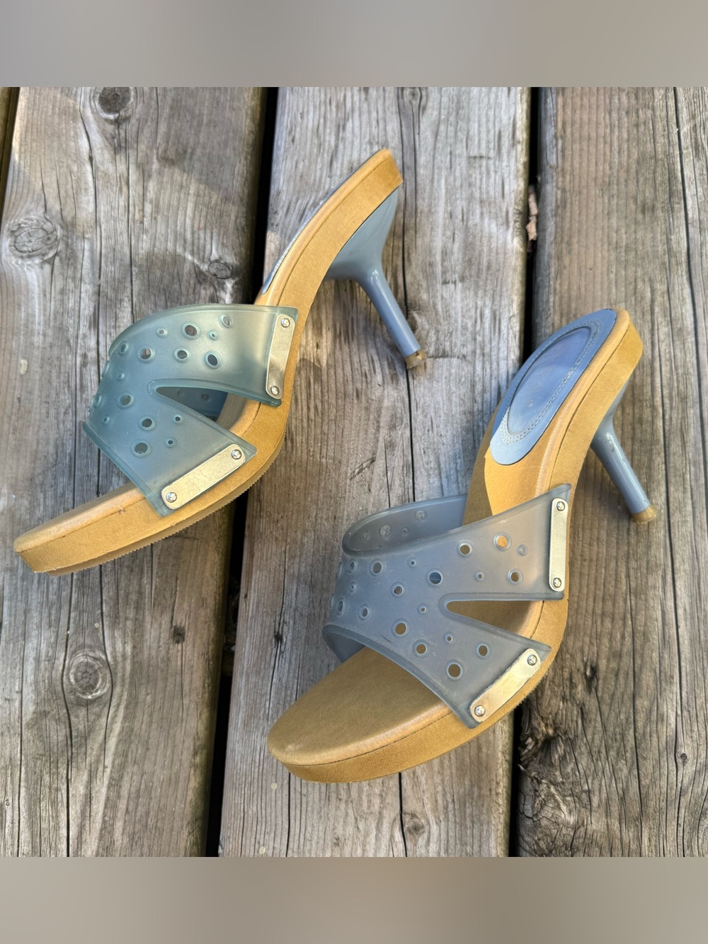 FIONI Clothing Blue Vinyl Slide Heels with Tan Platform